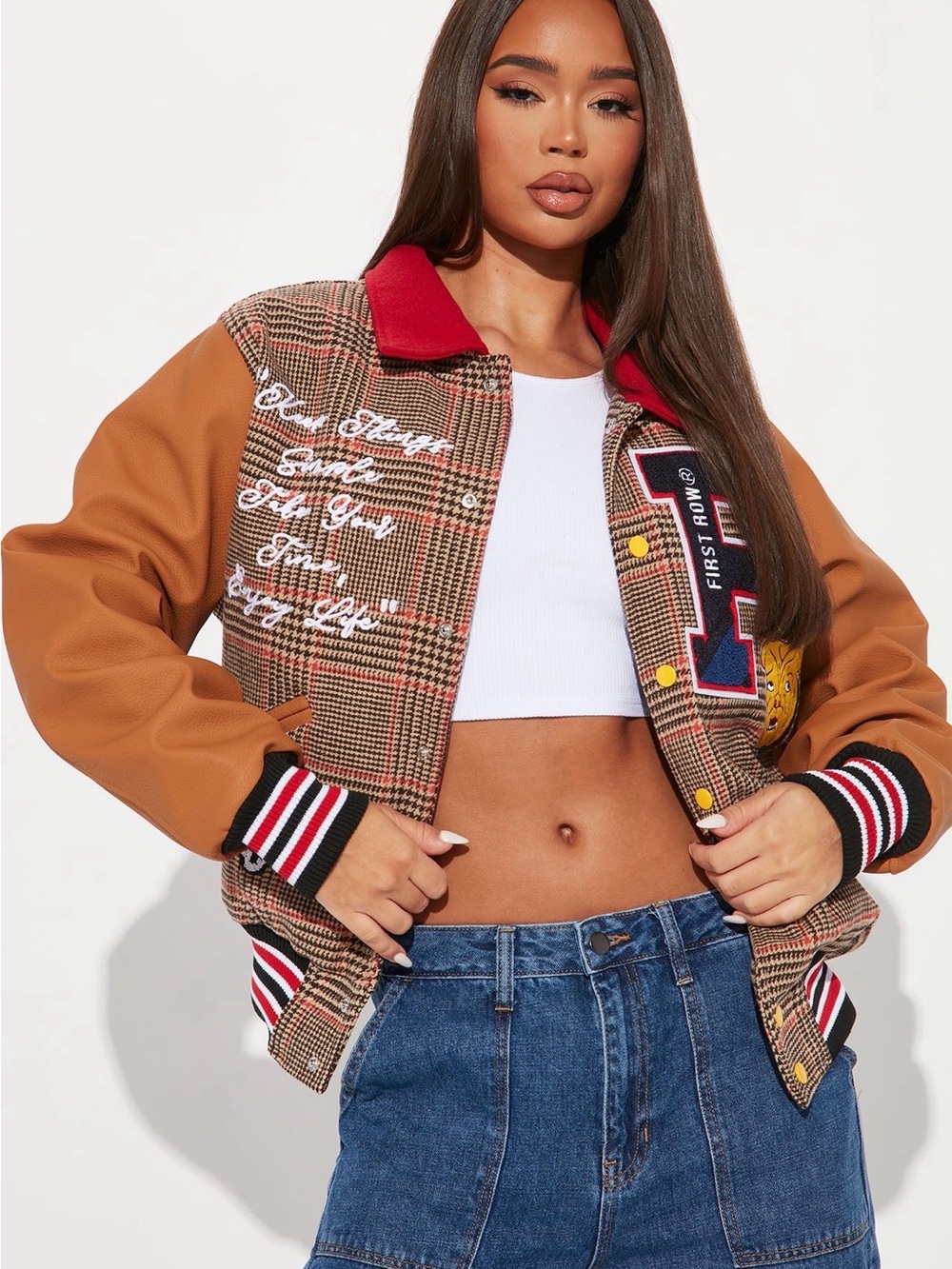 Checked Brown & Tan Varsity Jacket with Red Collar
